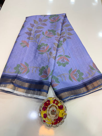 Raw tussar silk saree with smart floral design and soft marmo finish, printed border saree