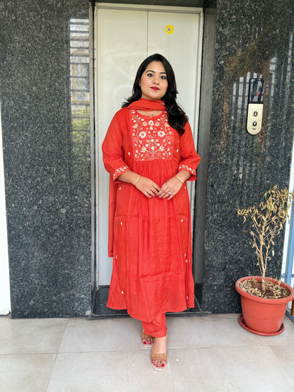 Mul Chanderi Kurta Pant Dupatta Set with Embroidery Work – Women’s Ethnic Wear (Sizes M–3XL)