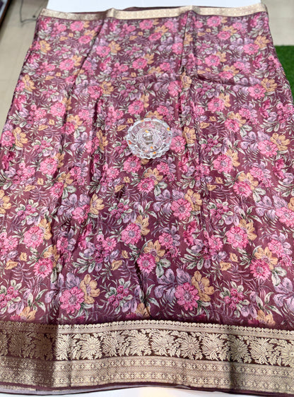 Printed H.O. Silk Saree with Floral and Paisley Design and Zari Border – Premium Festive Saree for Women