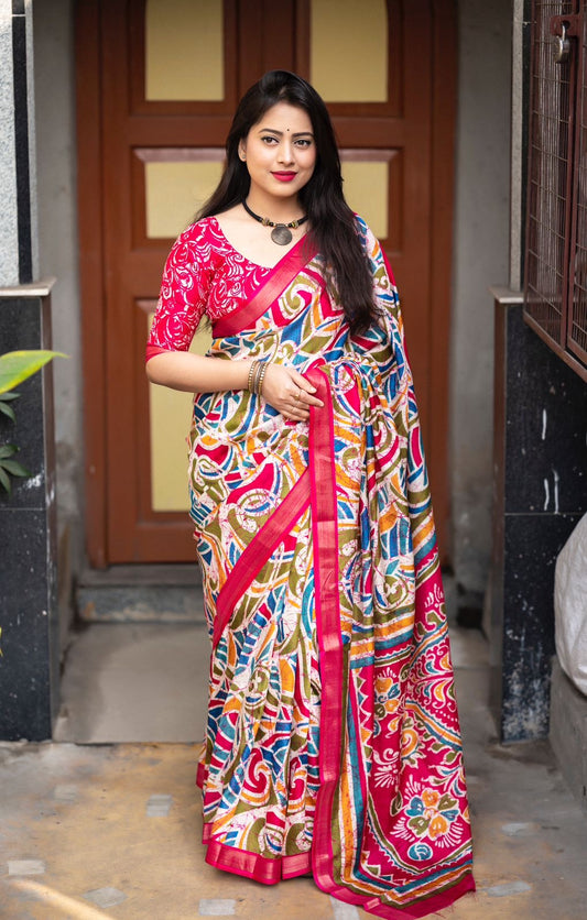Cotton Crape Saree with Multicolor Fancy Print and Running Blouse – Lightweight Daily & Festive Wear