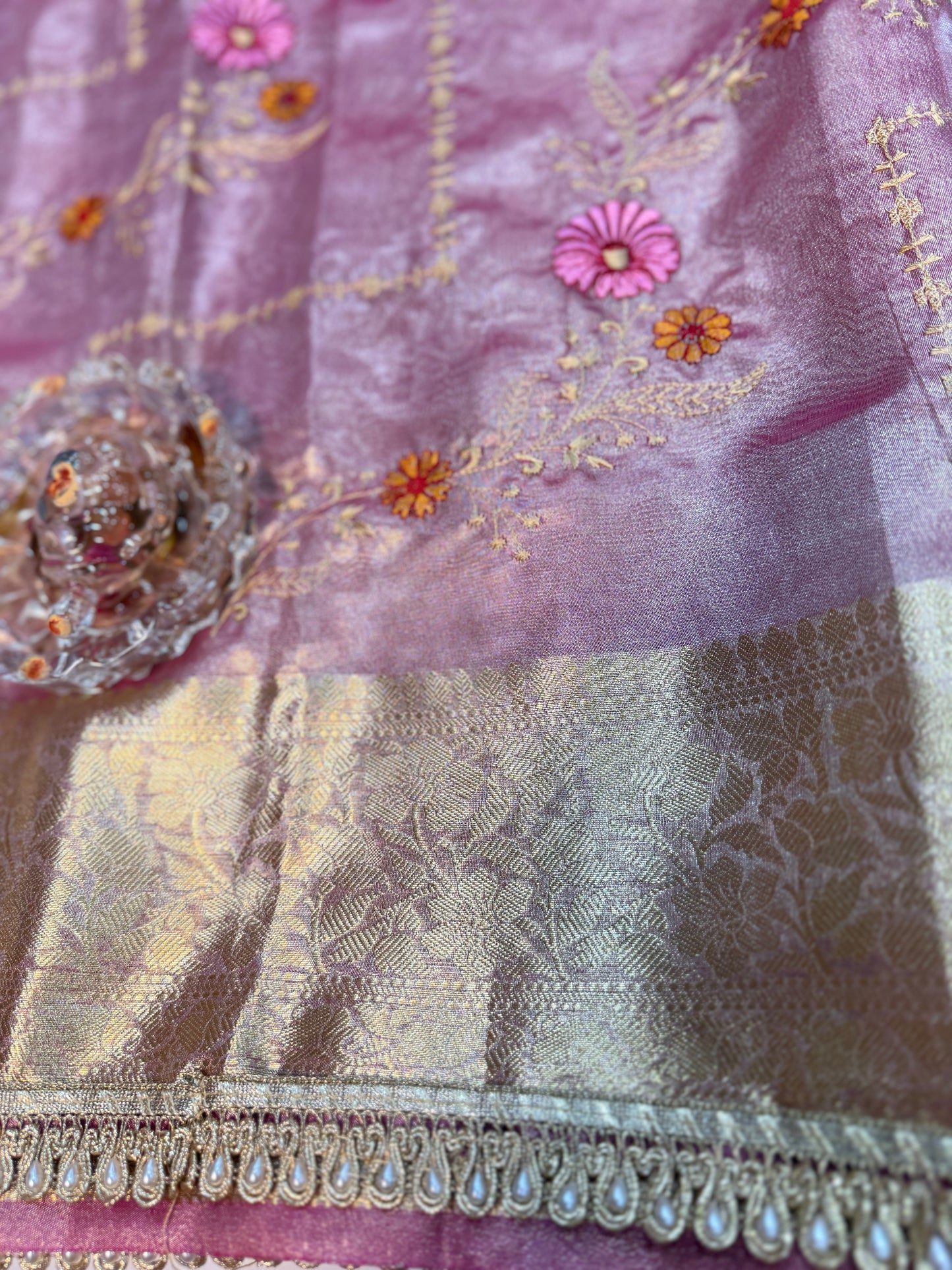 Banarasi Glass Tissue Saree for Women with Meenakari Embroidery, Gold Zari Border, Pearl Lace Handwork and Tassel Pallu