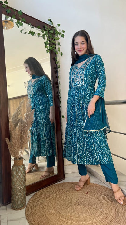 Rayon Bandhej Print Anarkali Kurta Suit Set with Handwork, Santoon Pants and Chiffon Dupatta for Women