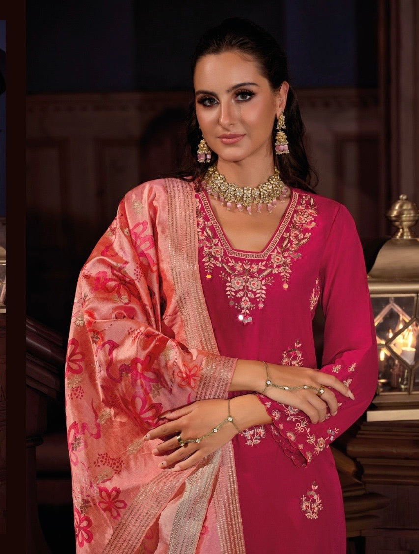 Viscose Silk Embroidered Kurta Plazzo Dupatta Set with Mirror Work and Printed Dupatta – XL & XXL