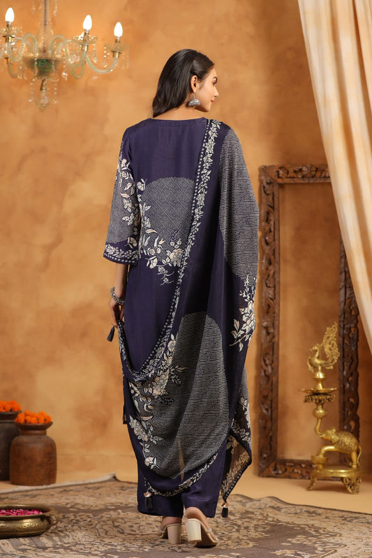 Pure Muslin Kurta Pant Dupatta Set with Intricate Printed Motifs for Women – Royal Navy