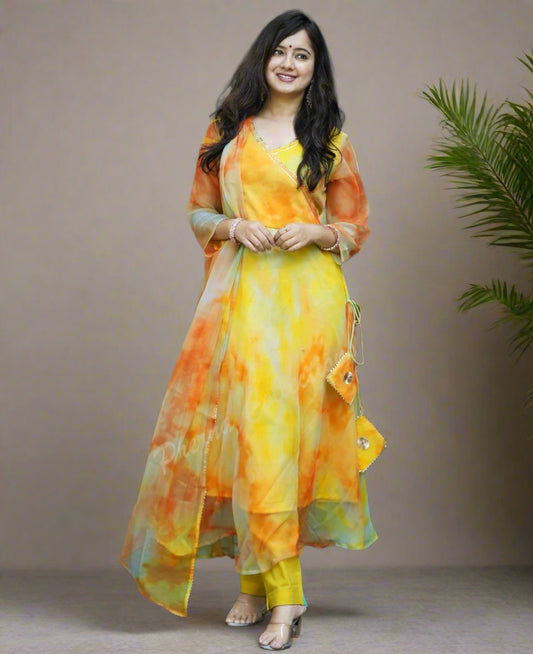 Pastel Chiffon Marble Print Anarkali Kurta Pant Dupatta Set with Gotta Tassels – Women’s Sizes 38 to 44