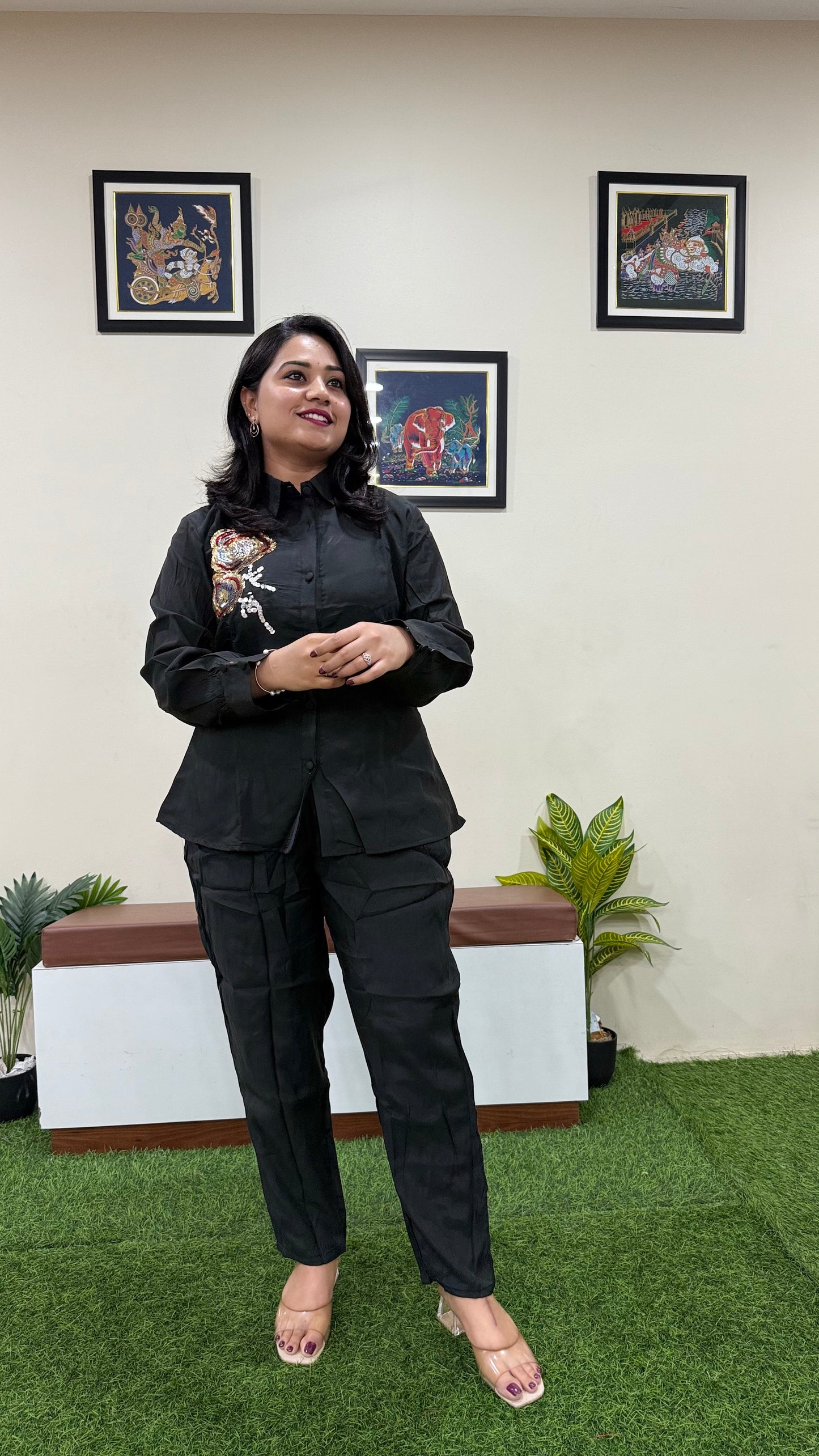 Women's Pure Silk Black Co-ord Set with Sequin Floral Embroidery and Straight Pants