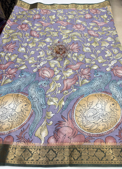 Silk blend printed saree with floral and bird motifs, zari border, women’s festive wear saree