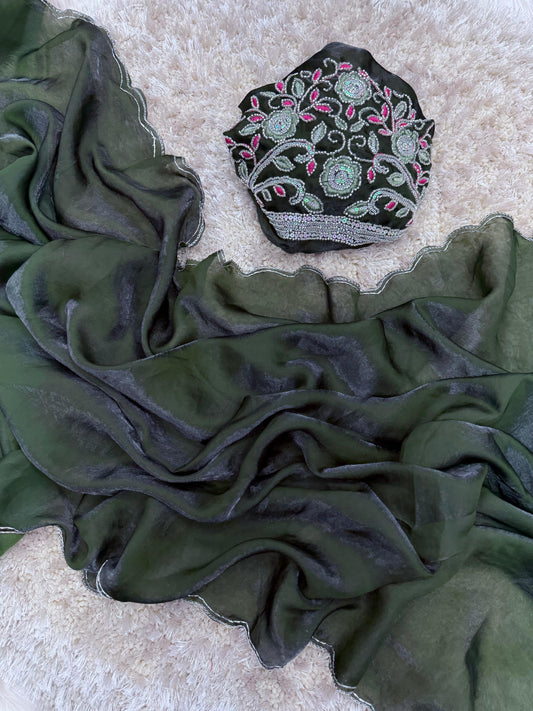 Pure Space Silk Saree with All-Over Pattern, Arco Border and Heavy Embroidered Blouse