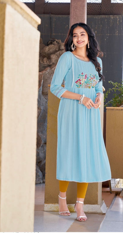 Rayon Wrinkle Lurex Kurti with Embroidery and Handwork for Women – XXL & XXXL, Multiple Designs