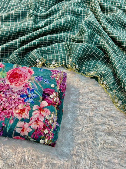 Handwork Nora Chex Saree with Pearl, Cutdana & Sequin Embroidery and Bangalori Silk Blouse