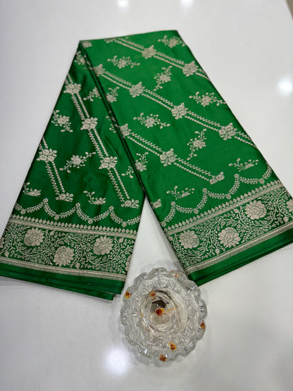 Mashru katan silk saree for women with Banarasi-style zari weaving and contrast brocade blouse piece