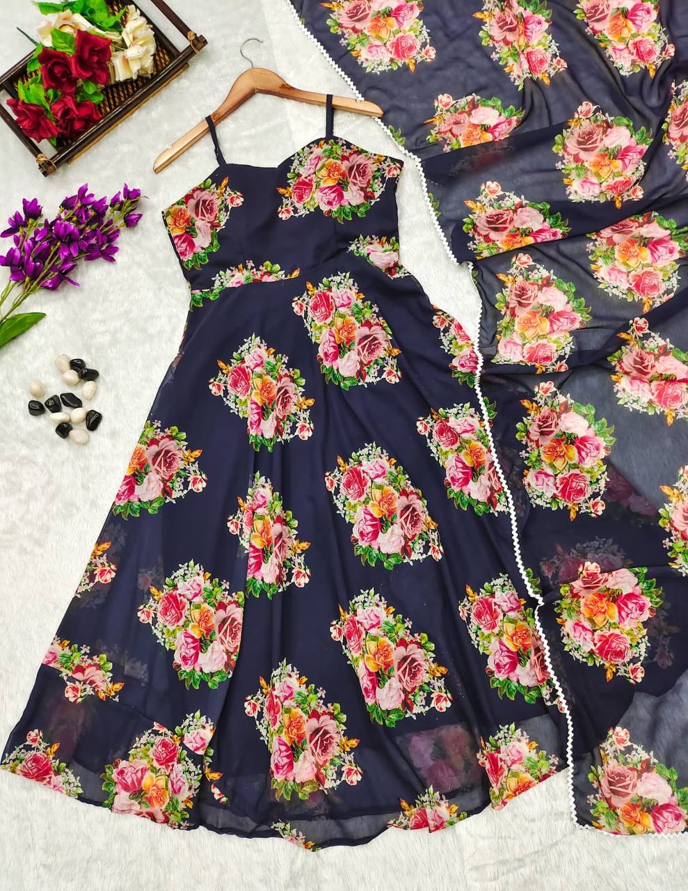 Georgette Morning Glory Anarkali Set for Women with Corset Lace Dupatta – Sizes L to XXL