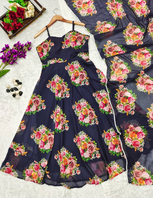 Georgette Morning Glory Anarkali Set for Women with Corset Lace Dupatta – Sizes L to XXL