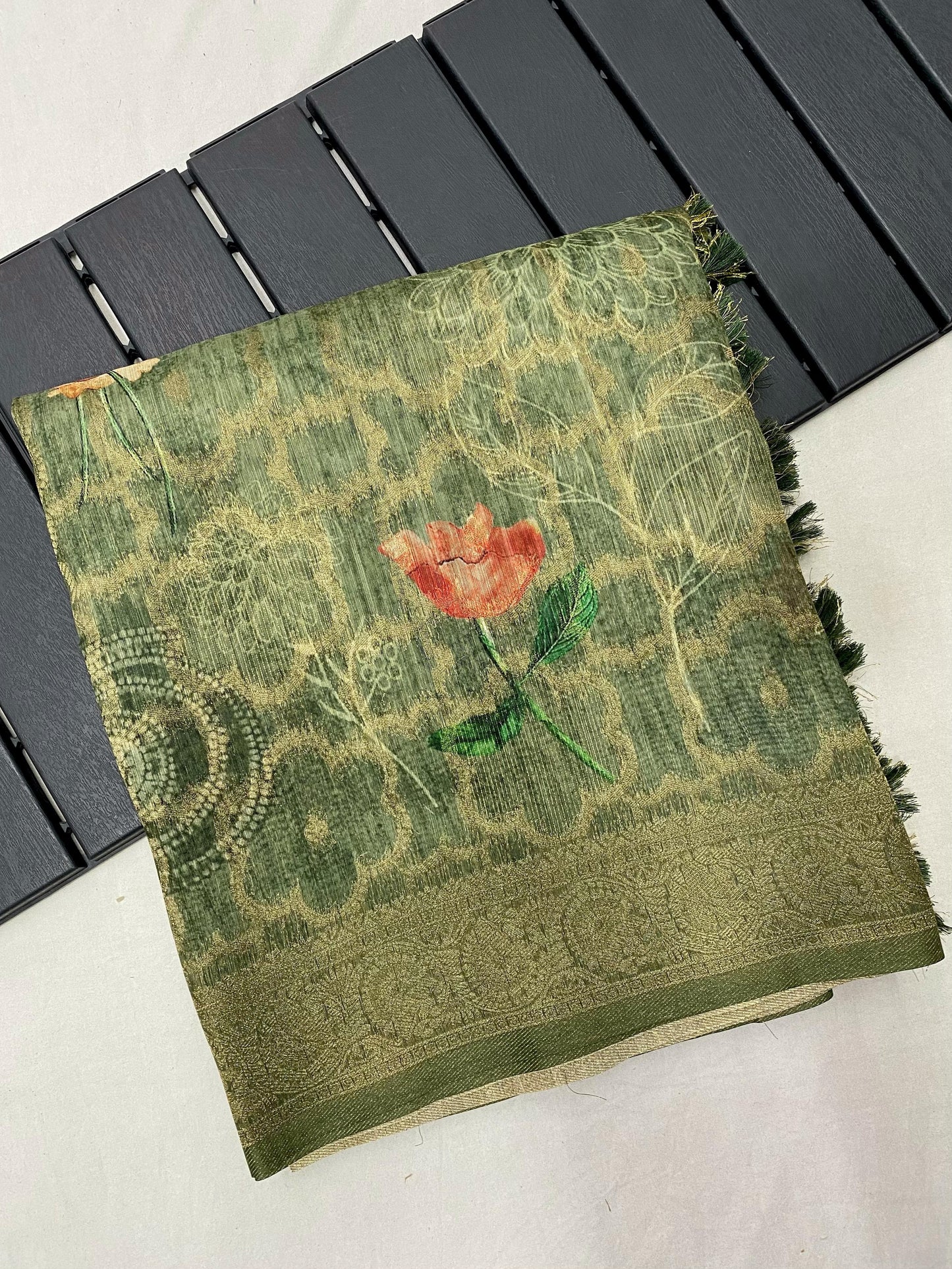 German Silk Saree with Super Weaves, Digital Print and Printed Blouse – Festive Wear for Women