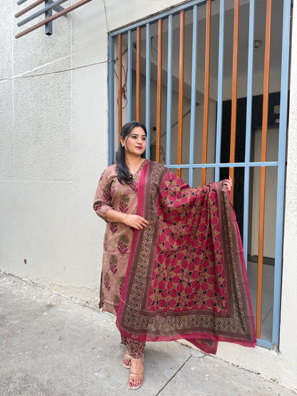 Cotton Printed Kurta Pant Dupatta Set for Women – Traditional Floral Design – Sizes 38–46