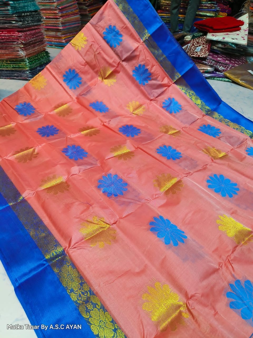 Matka Tussar Silk Saree with Golden Zari Weaving and Velvet Border