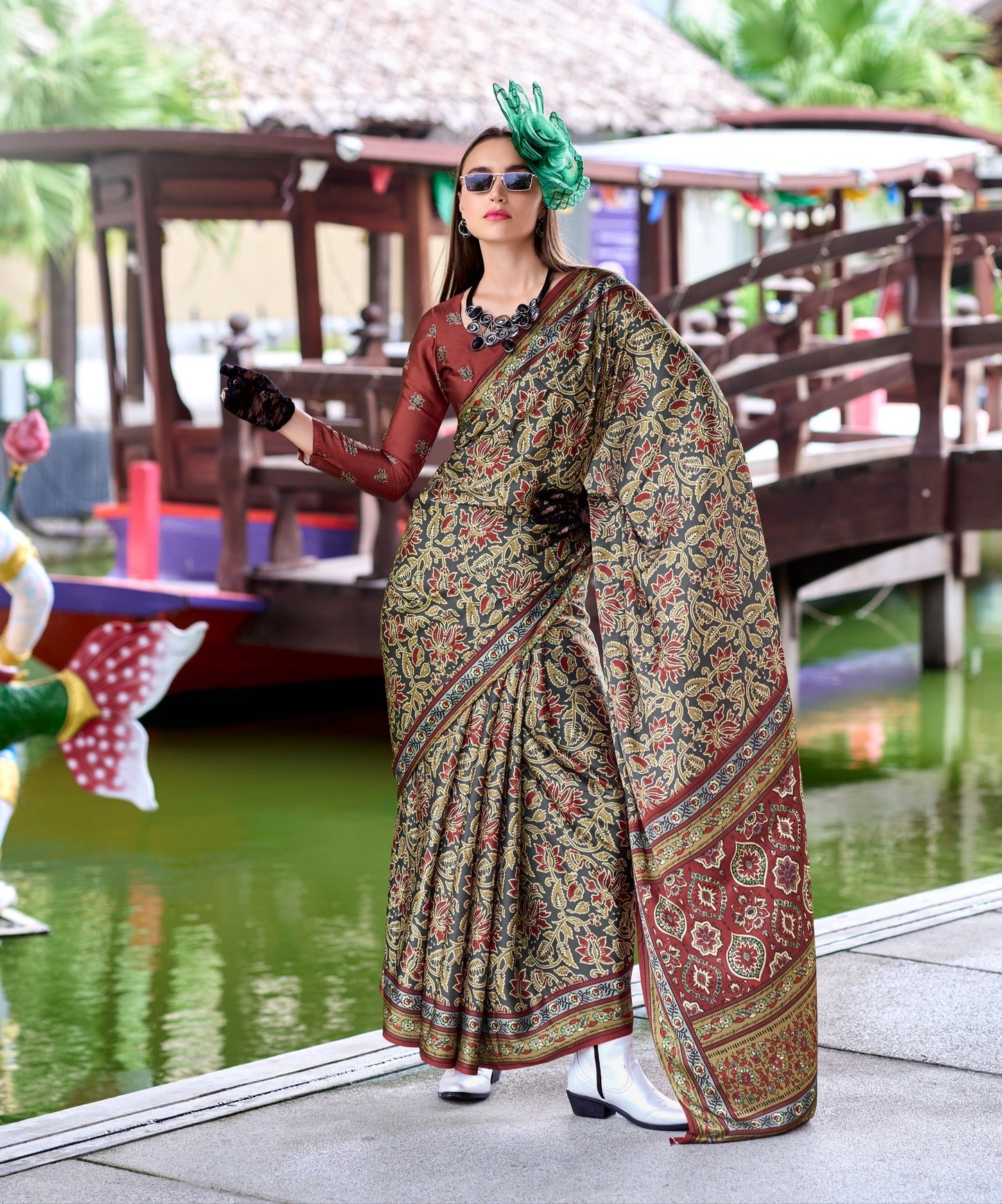 Pure Satin Silk Saree with Ajrakh Print – Festival and Traditional Wear Saree for Women