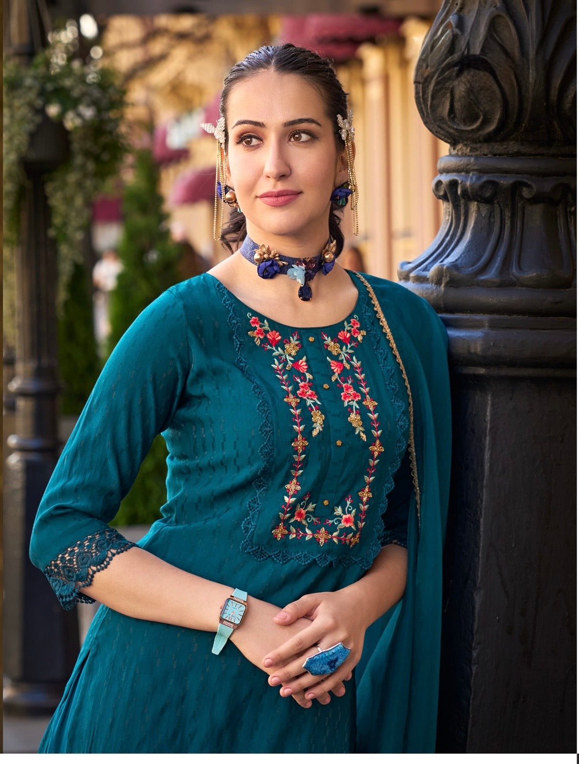 Women’s Self-Jacquard Silk 3-Piece Suit Set with Afghani Bottom and Organza Dupatta – XXL & 3XL