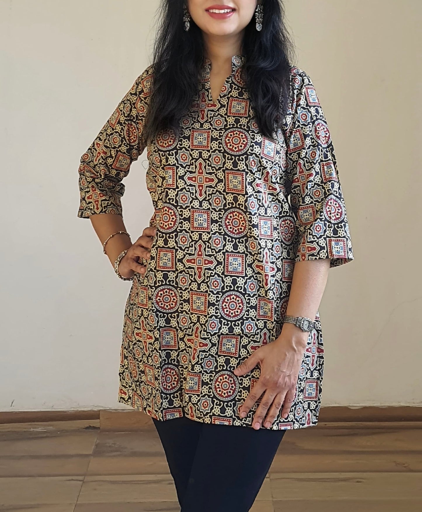 Pure Cotton Cambric Tunic for Women with Stand Collar and 3/4th Sleeves – M to 3XL