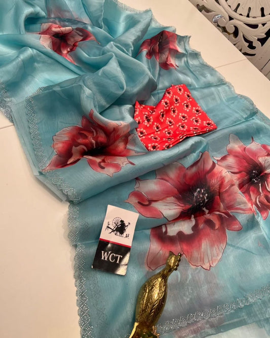 Heavy Soft Silk Saree with Swarovski Work and Floral Digital Print