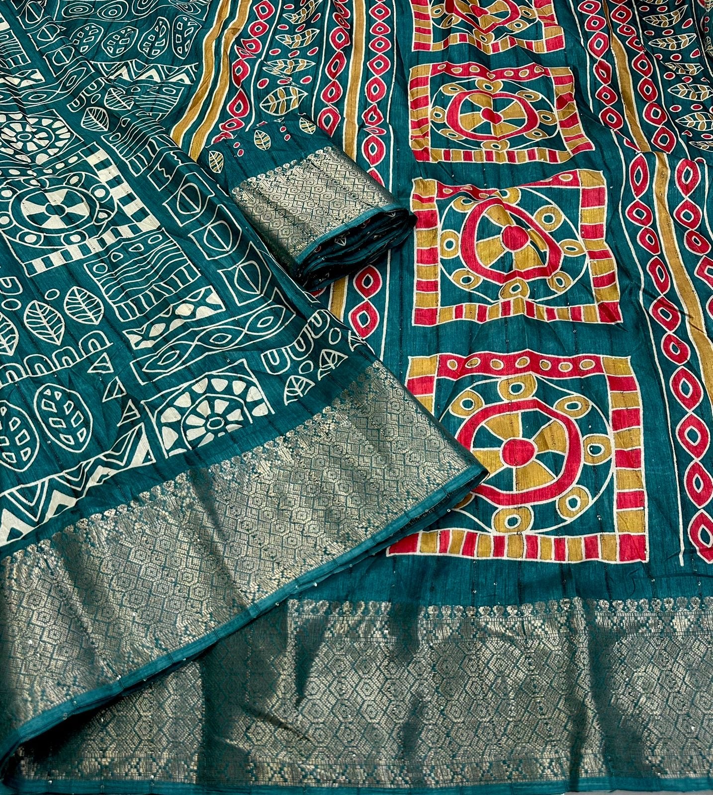 Cotton Crepe Saree with Sequence Work and Batik Print – Running Blouse Included