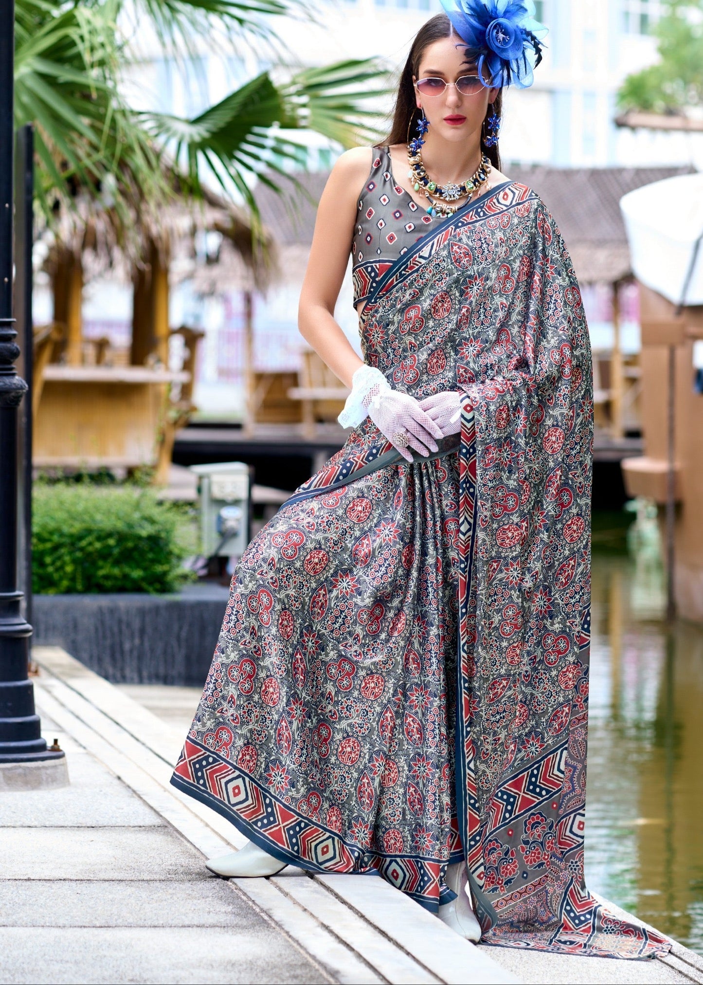 Pure Satin Silk Saree with Ajrakh Print – Festival and Traditional Wear Saree for Women