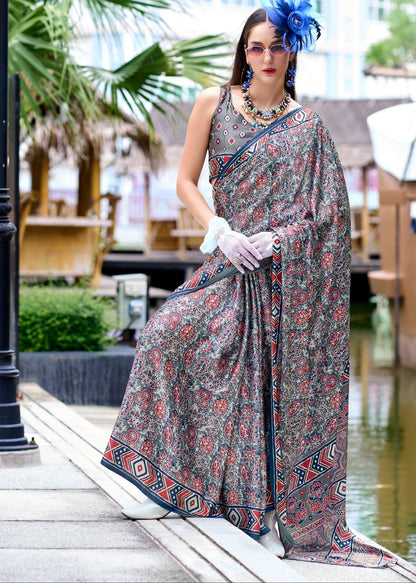 Pure Satin Silk Saree with Ajrakh Print – Festival and Traditional Wear Saree for Women
