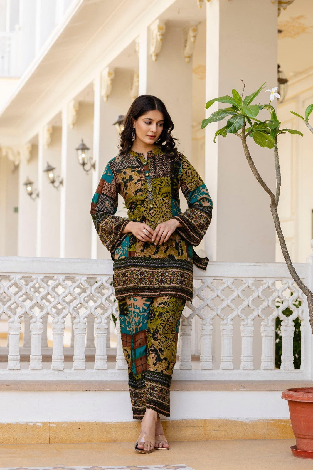 Pure Rayon Co-Ord Set with Floral Patch Digital Print, Kauri Buttons, and Flared Sleeves – Casual Fusion Wear for Women