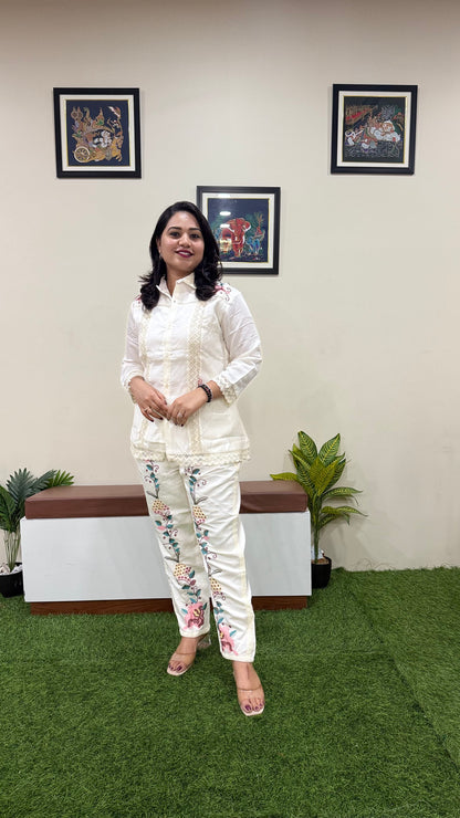 Women's Pure Silk Co-ord Set with Embroidered Straight Pants and Lace-Trimmed Shirt