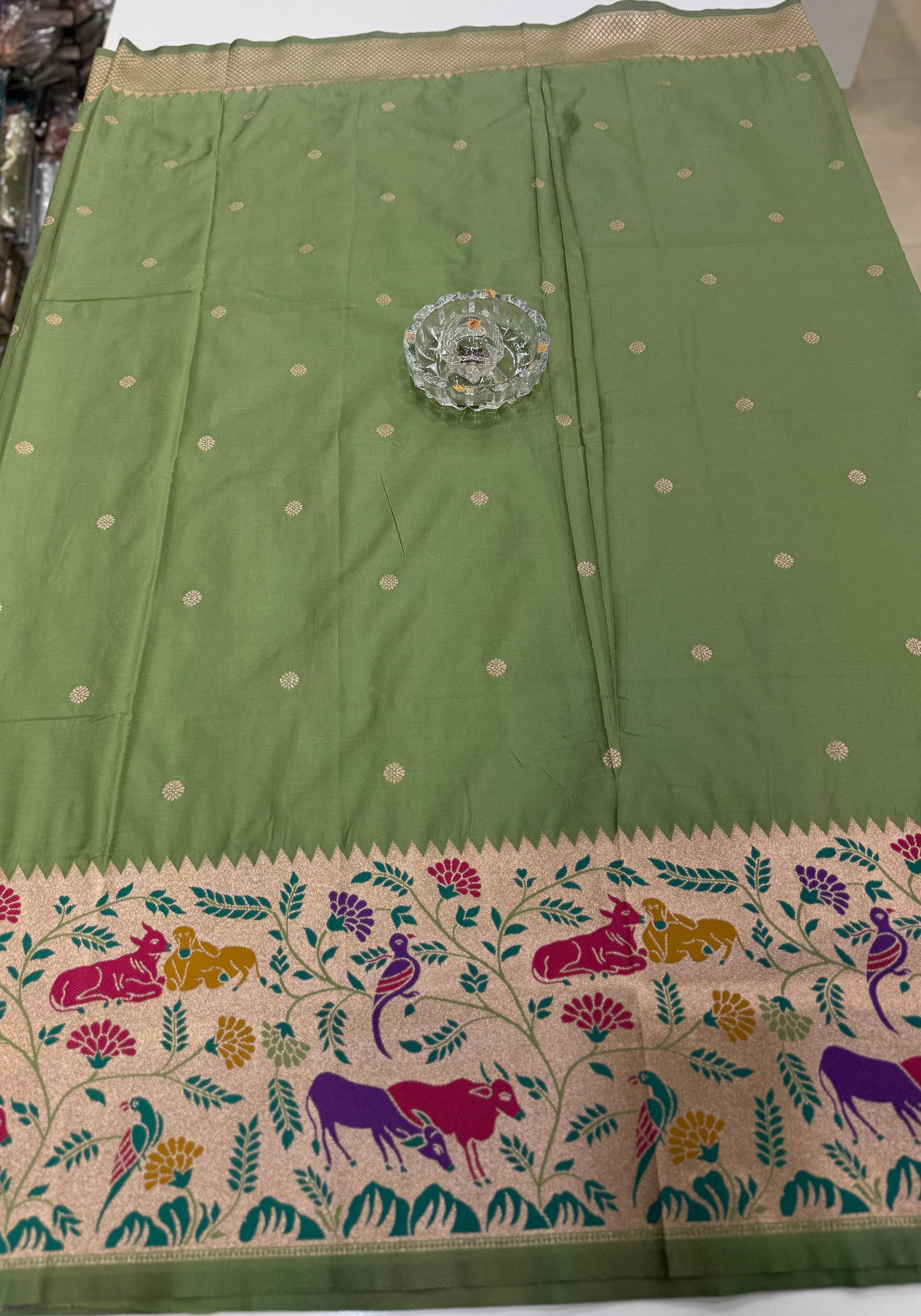 Paithani printed soft silk saree with zari-style border and contrast blouse for women