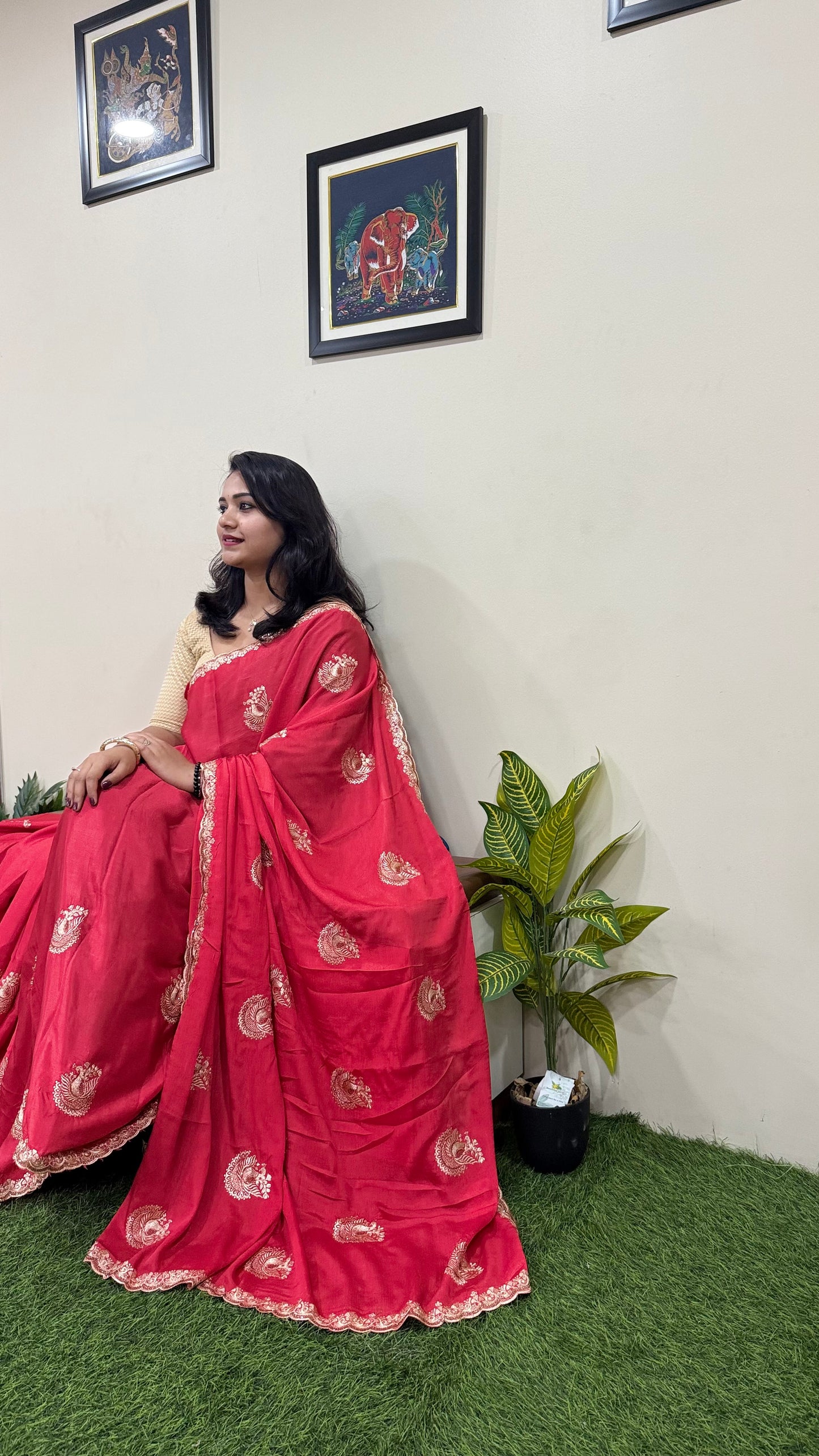 Pure Chinnon Saree with Embroidery, Work & Peacock Butta Motifs – Heavy Embroidered Blouse