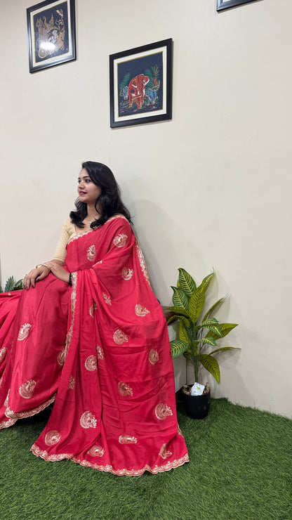 Pure Chinnon Saree with Embroidery, Work & Peacock Butta Motifs – Heavy Embroidered Blouse