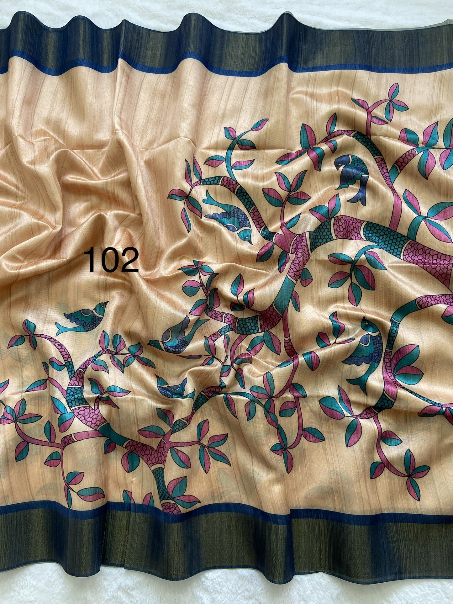 Soft Tussar Silk Printed Saree with Contrast Blouse, Tassels, and Designer Pallu