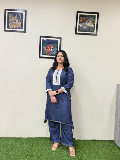 Premium Fancy Denim Co-Ord Set for Women with Thread Work – Fish-Cut Top and Pocket Pant