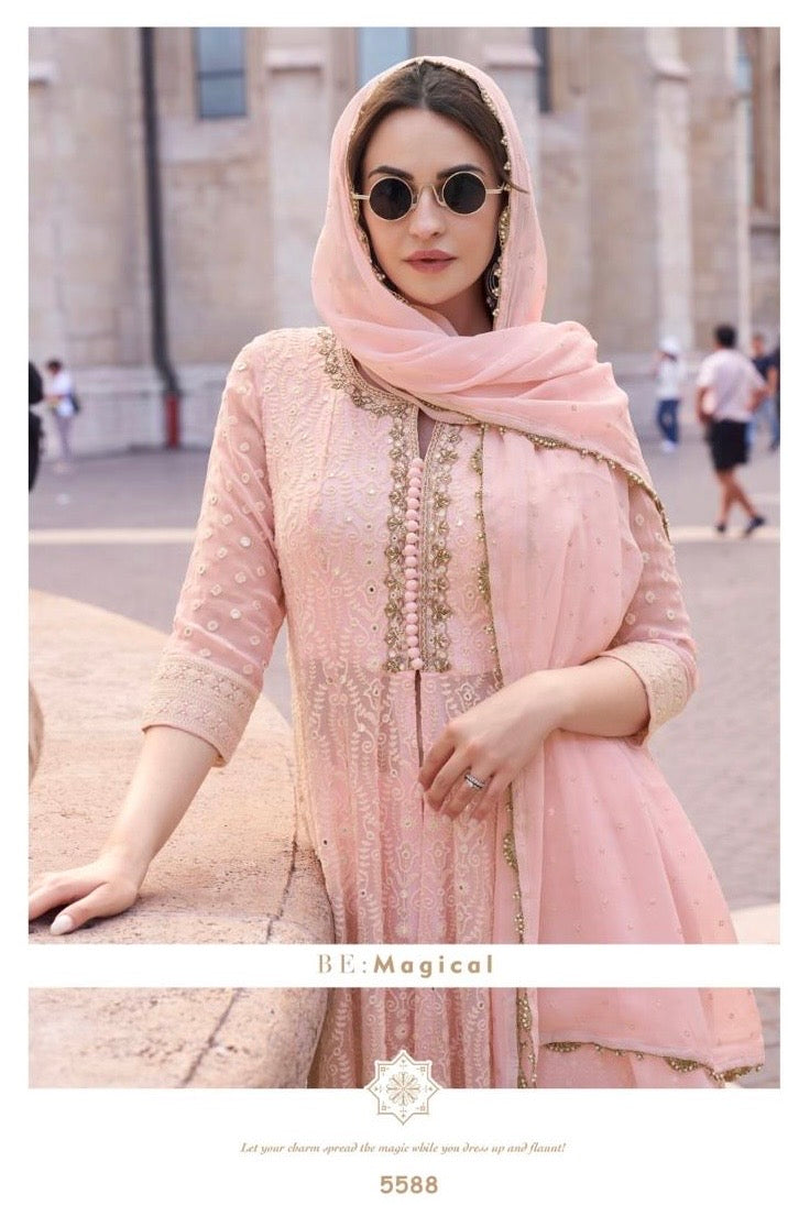 Real Georgette 3-Piece Set with Embroidered Top, Palazzo, and Dupatta – Free Size Stitched Ethnic Wear