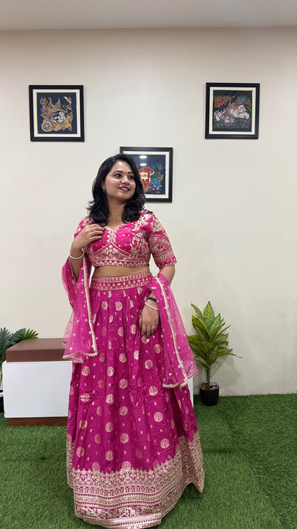 Viscose Jacquard Silk Embroidered Lehenga Choli with Dupatta for Women – Free Size Stitched