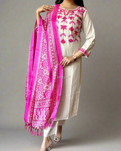 Handloom South Cotton Kurta Pant Set with Aari Embroidery and Silk Dupatta for Women
