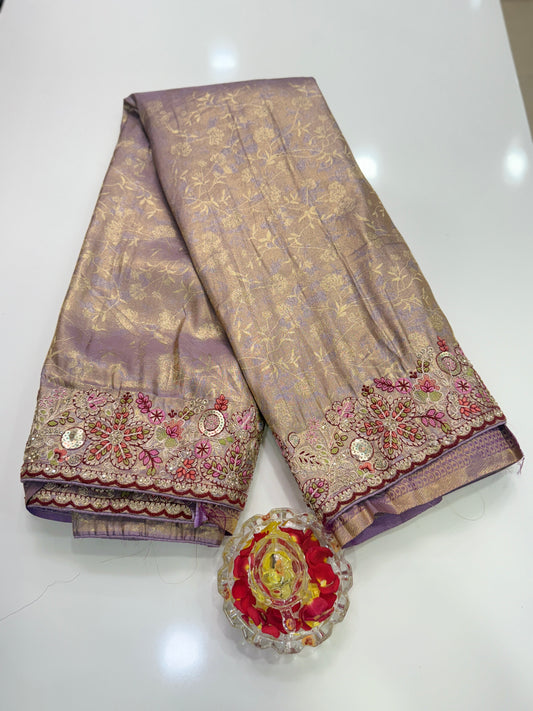 Tissue Silk Saree with Embroidery, Sequin, and Mirror Work Border – Festive Saree for Women