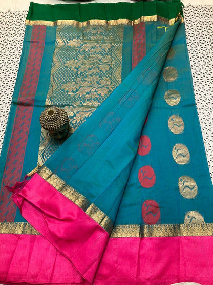 Mangalagiri Semi Pattu Saree with Kadi Border, Checks and Butta Weave for Women – Contrast Pallu and Blouse