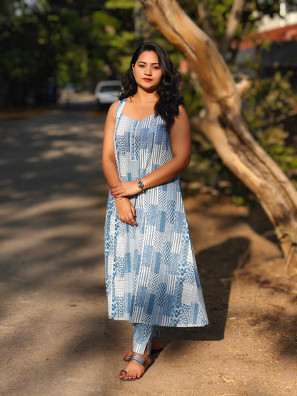 Blue Cotton A-Line Kurta Set with Ethnic Motifs Print for Women