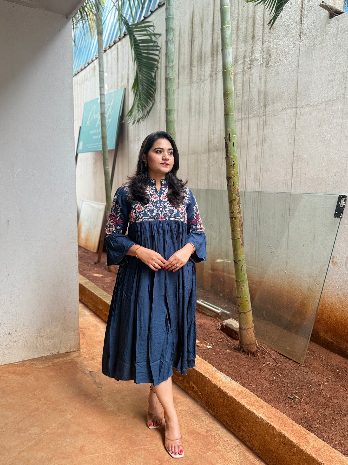 Embroidered Teal Cotton Long Kurta Dress with Yoke and Sleeve Embroidery for Women