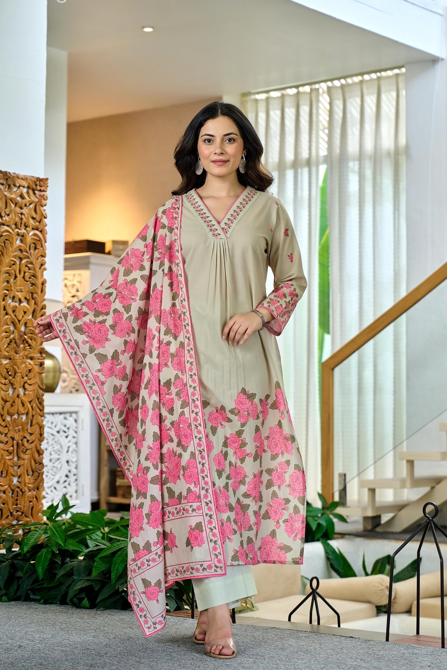 Cotton Kurta Pant Dupatta Set with Handcrafted Yoke Detailing for Women