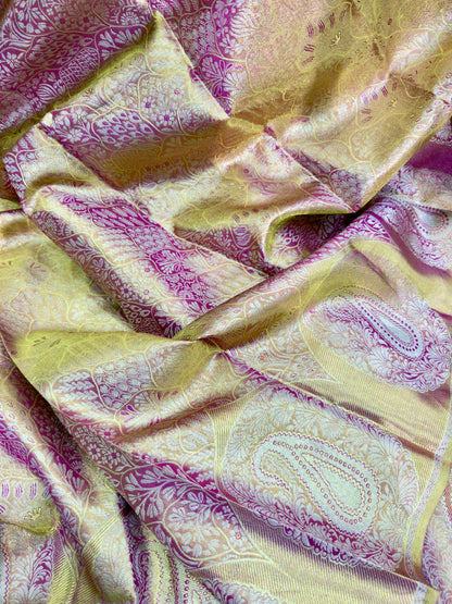Pure Silk Borderless Saree in Golden Yellow and Magenta with Rich Zari Weaving – Wedding Saree