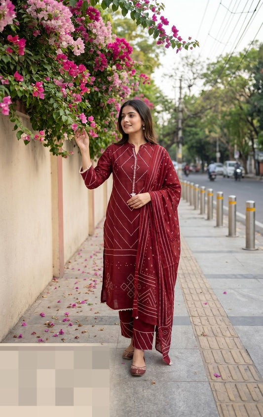 Cotton Kurta Pant Dupatta Set for Women with Geometric Ethnic Print and Straight Fit