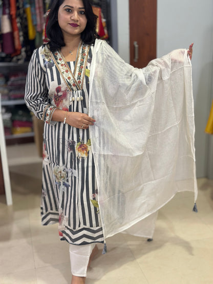 Kota Doria Embroidered A-Line Kurti Pant Dupatta Set with Tassels – Women’s Festive Ethnic Wear