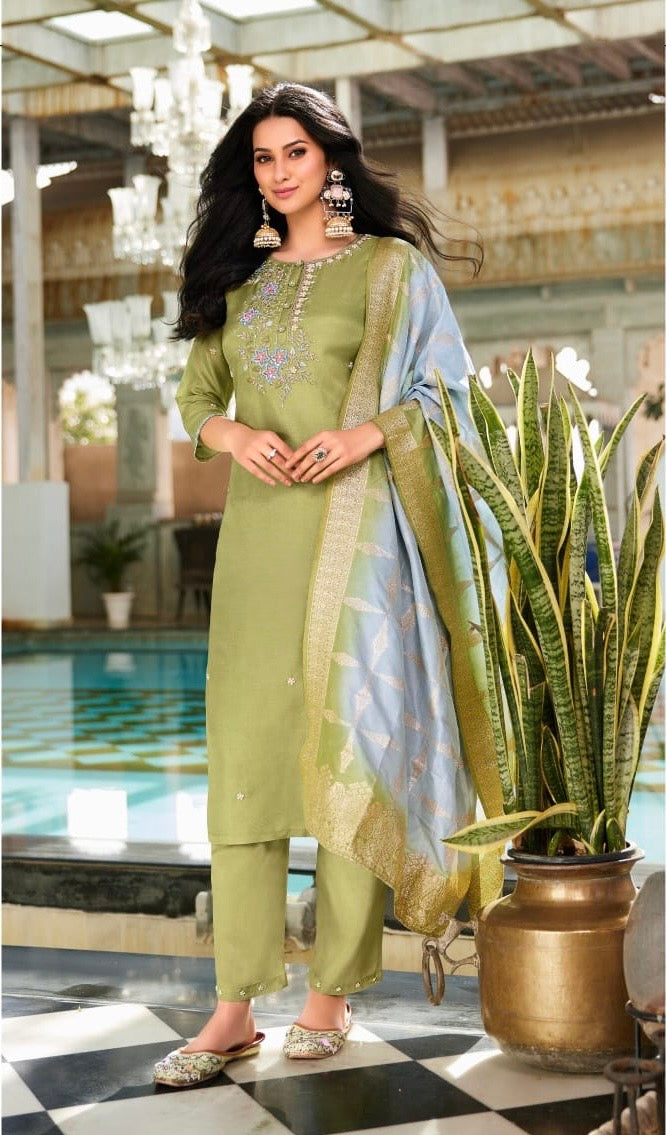 Dola Silk Kurti Set with Russian Silk Pant and Jacquard Dupatta – Handwork Ethnic Set for Women