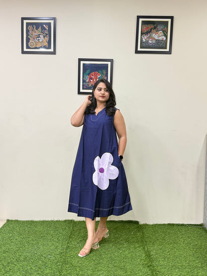 Poplin Cotton Sleeveless Midi Dress with Applique Detailing – Women’s Summer Casual Wear (M to XXL)