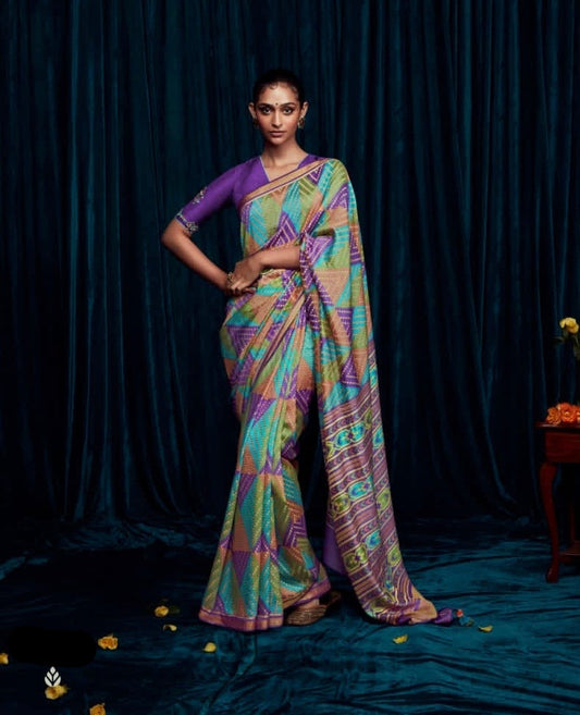 soft brasso saree with printed pattern, fancy border and tassel pallu – party and festive wear for women