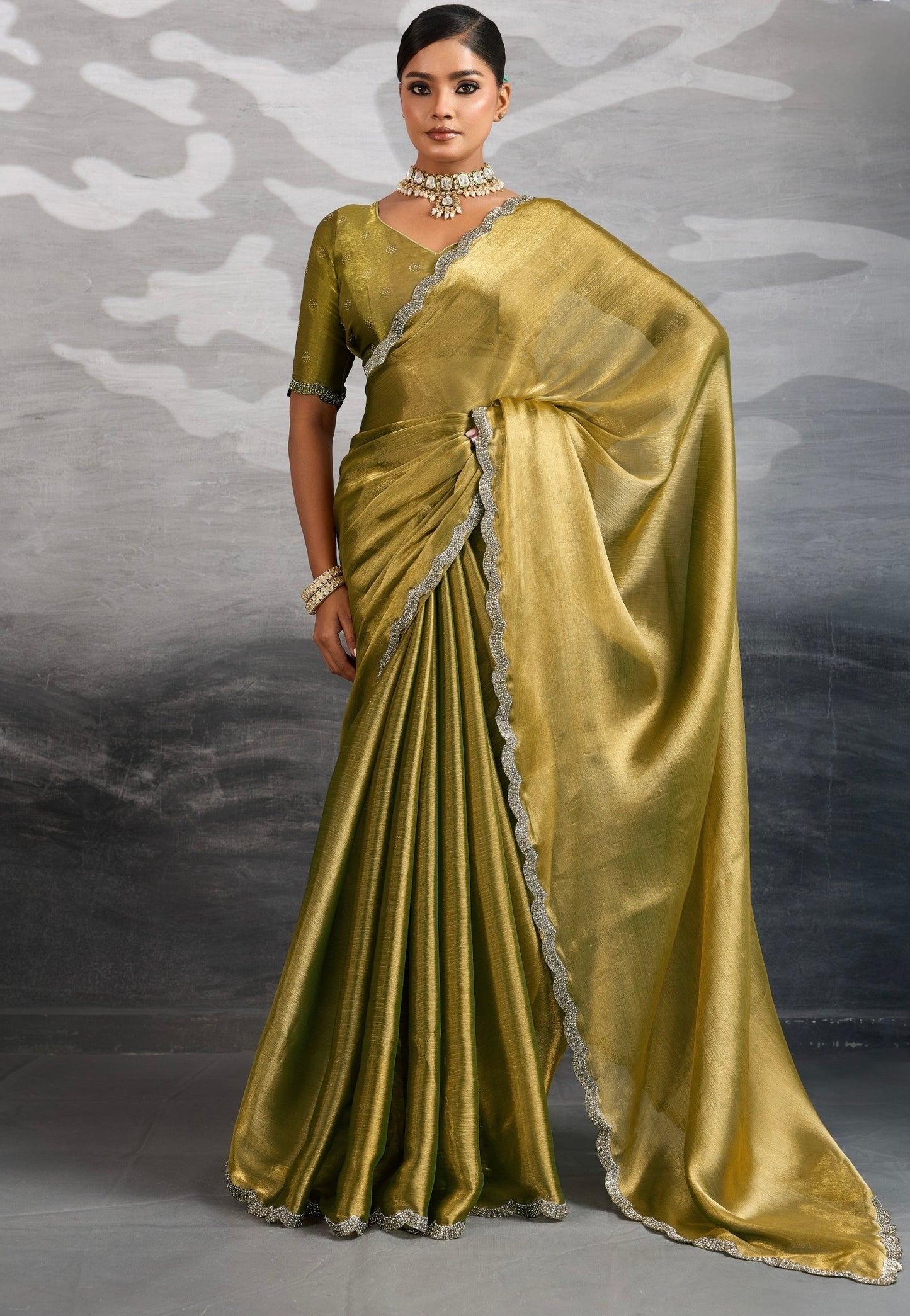 Burberry Chiffon Saree with Zarkan and Cutdana Appliqué Lace Work – Designer Party Wear Saree for Women