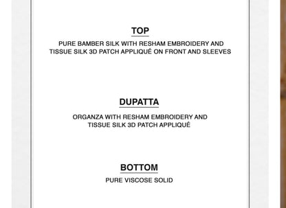 Unstitched Bamber Silk Suit with Resham Embroidery, 3D Patch Appliqué and Organza Dupatta